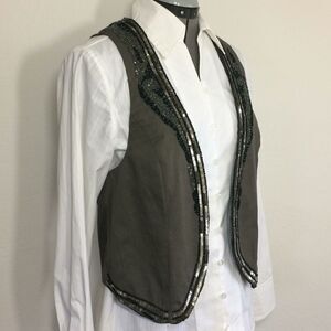 MNG Mango Sequin Bead Embellished Olive Green  Cotton Canvas Vest NEW